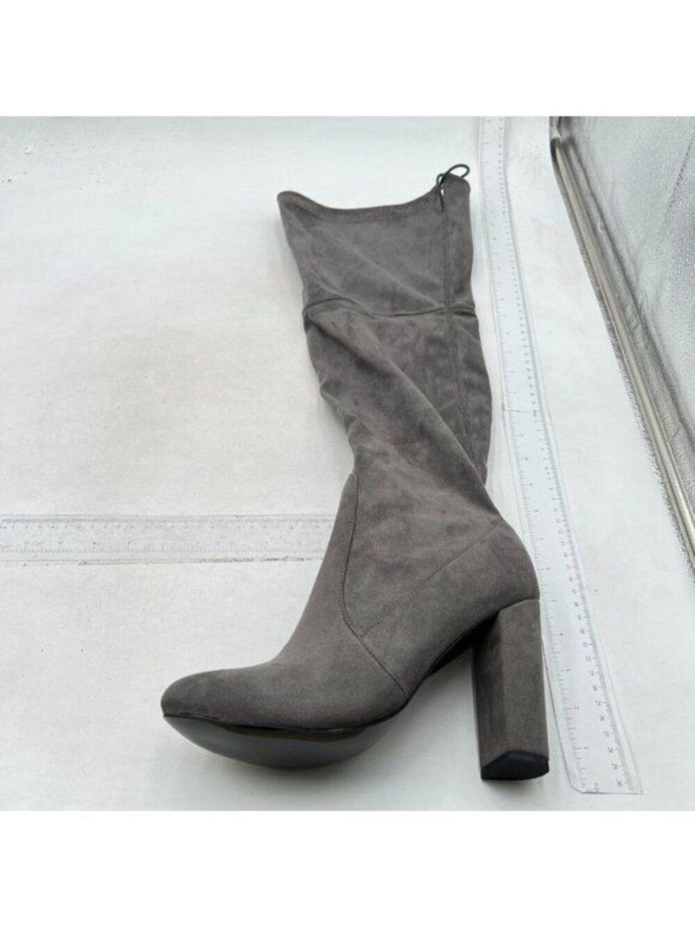 Women Sexy Thigh High Fashion Suede Boots Stretch Pull on Chunky Heel Boots Grey